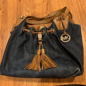 Beautiful Michael Kors Denim, Brown, Gold Bucket Purse- good condition